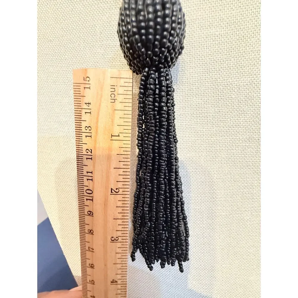 Vintage NOS Handmade Black Beaded Tassel Necklace 30”